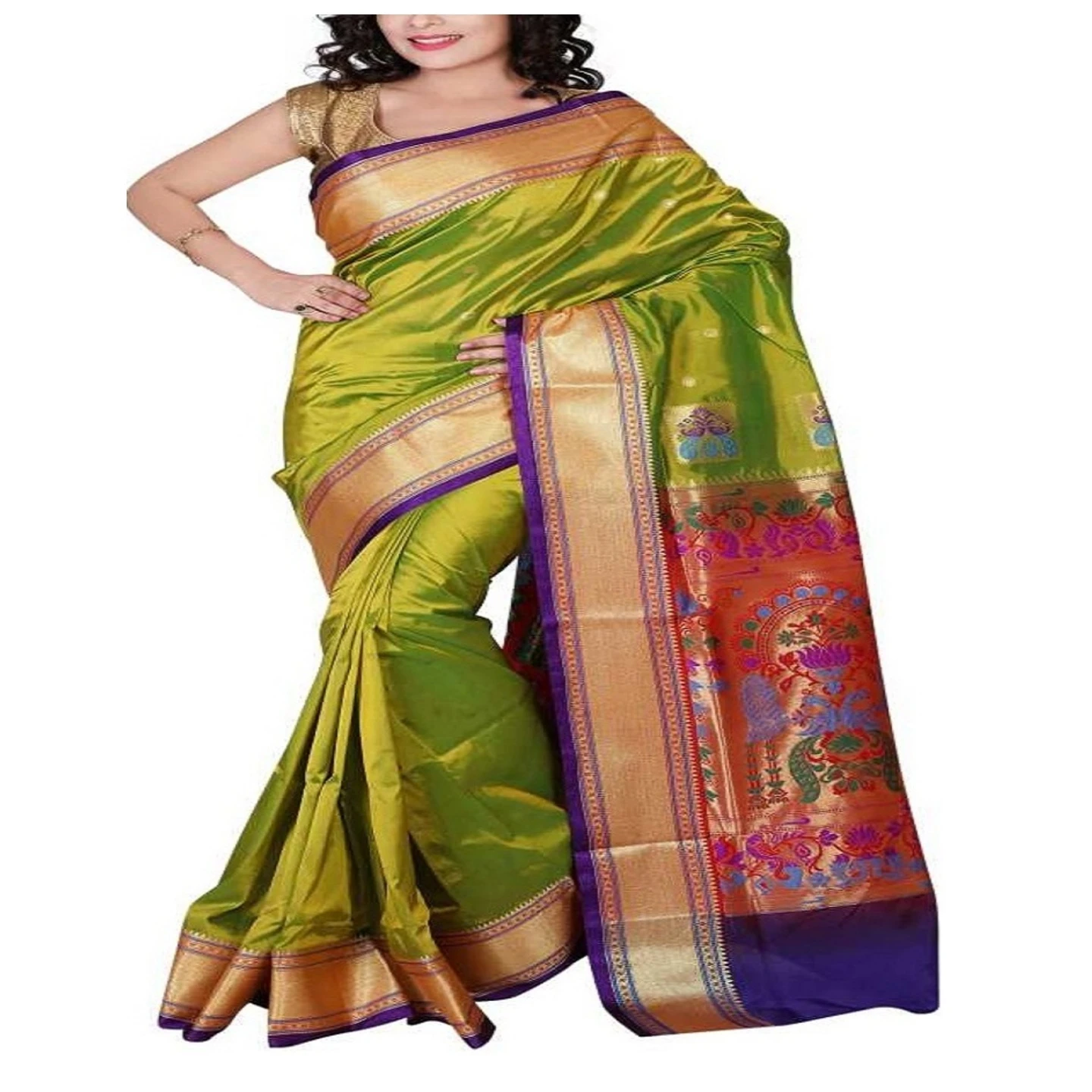Parrot Green and Purple Border Kadiyal Variety Woven Paithani Art Silk Saree