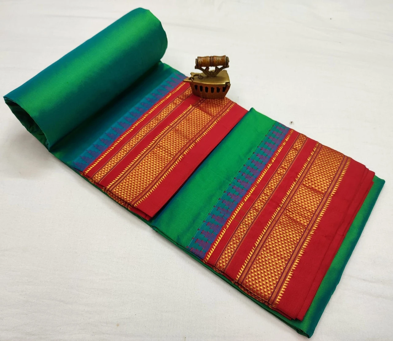 Teal Green Ilkaal plain pure saree with red contrast zari border traditional handloom design