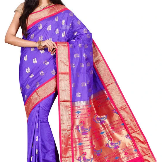 Paithani Pure Silk in Indigo Blue with Red Contrast Border Meena Butta Saree with Silk Mark