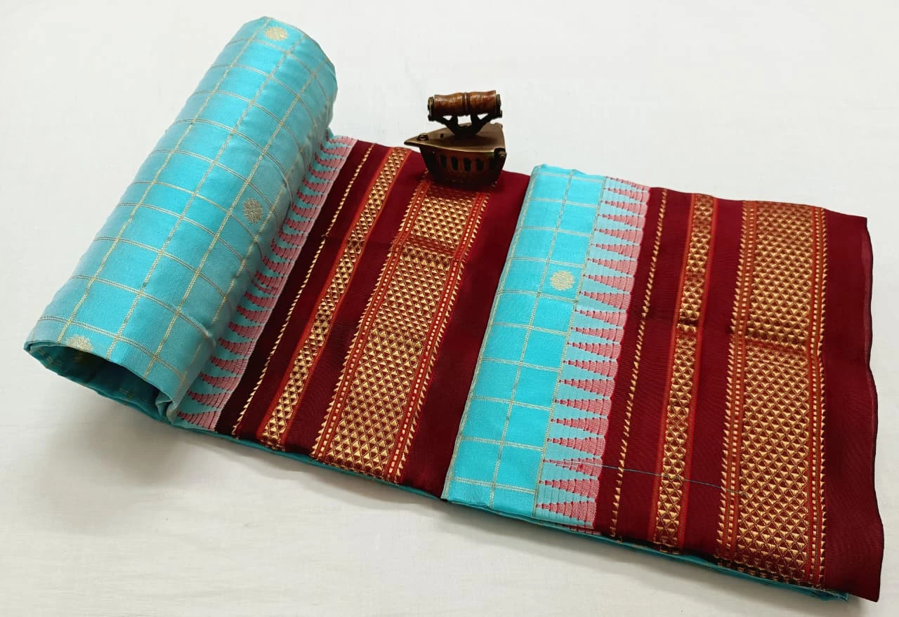 Pure Ilkaal Checks saree in Sky Blue & Red with zari border and traditional woven patterns