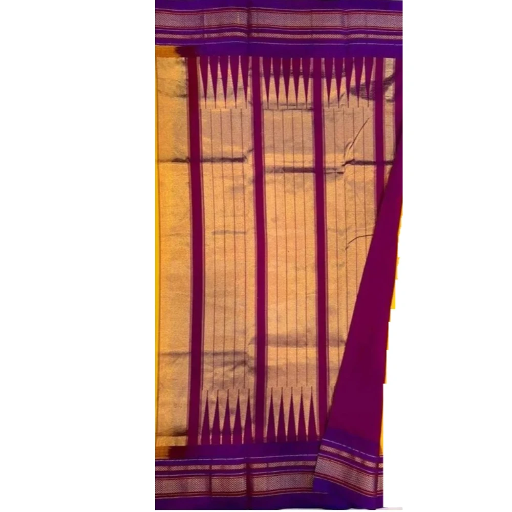 Pure Ilkaal Checks saree in Peach Blue with zari border and traditional woven patterns
