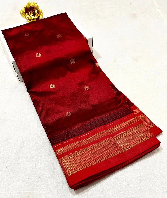 Red Ilkaal Butta pure silk saree with zari border and traditional woven patterns