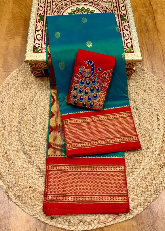 Heritage Emerald Green Semi Silk Paithani Saree with Peacock Embroidery Designer Blouse