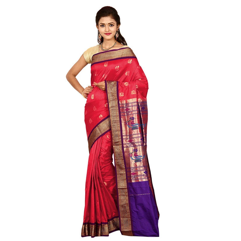 Paithani Pure Silk Rani Pink with Violet Border Meena Butta  Saree with Silk Mark