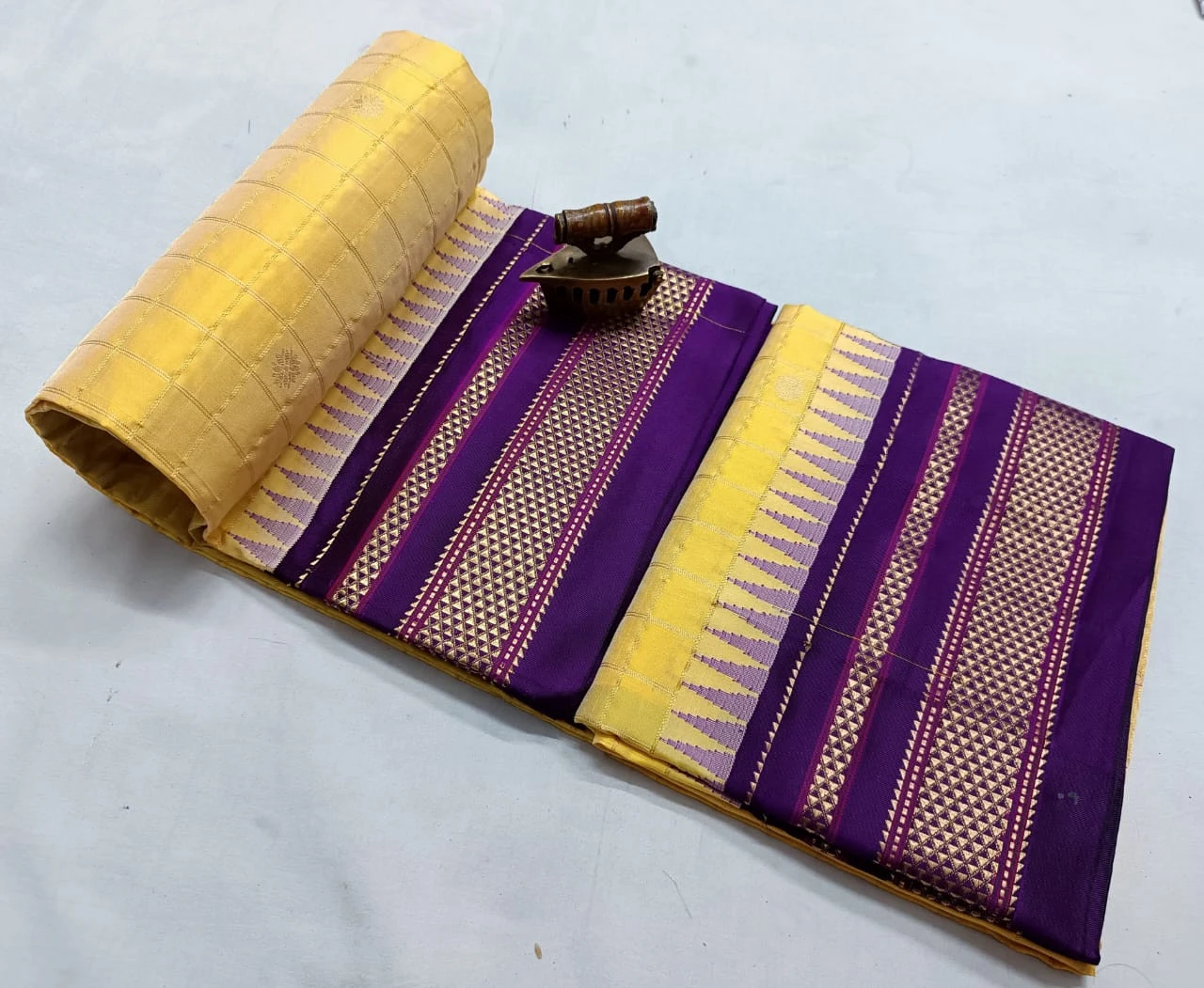 Pure Ilkaal Checks saree in Yellow & Purple with zari border and traditional woven patterns