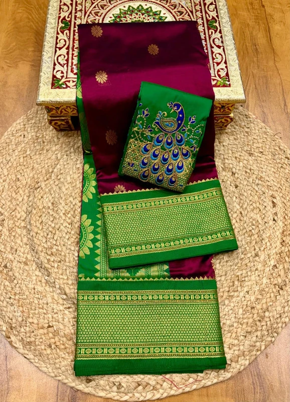 Magenta and Green Semi Silk Paithani Saree with Peacock Embroidery Designer Blouse