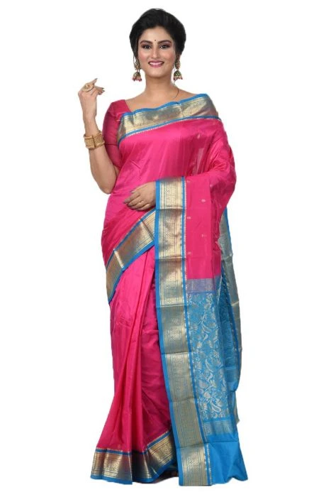 Nine Yards Kanchipuram Pure Silk Saree in Rani Pink with Anandha Blue Contrast