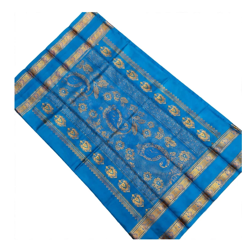 Rani pink Kanchipuram silk saree with blue Bentex border and gold paisley motifs.