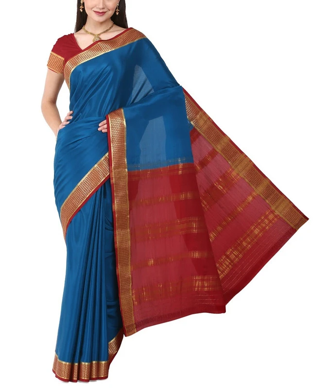 Baige Blue with Marron Contrast  Superior Quality Pure Mysore Silk Saree