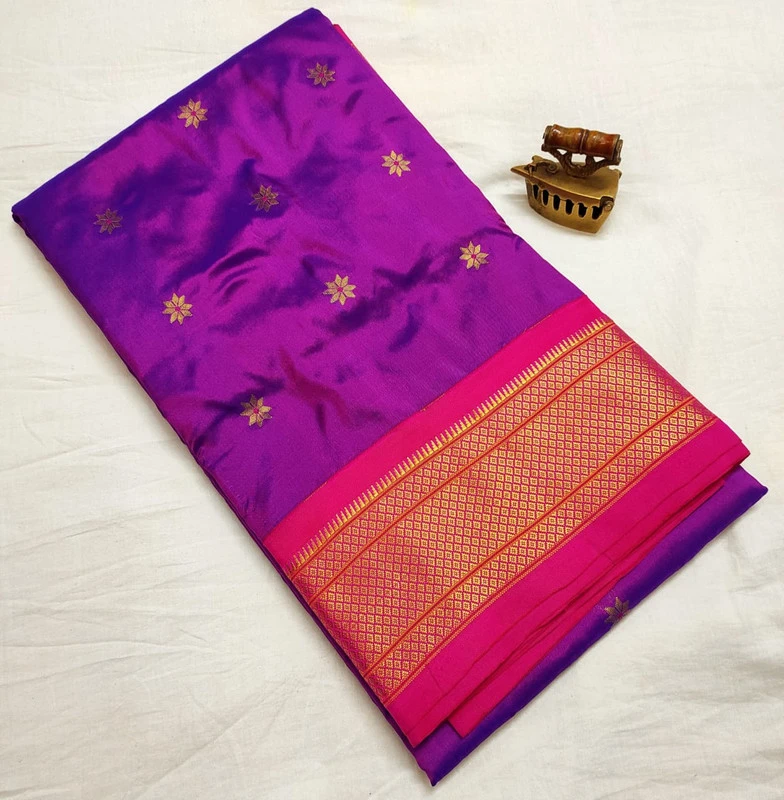Purple Pure Silk Paithani Saree featuring luxurious silk fabric, rich zari woven borders, elegant traditional motifs