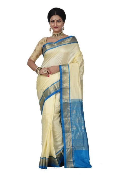 Kanchipuram Pure Silk Saree in Cream with Anandha Blue Contrast for Durga Pooja