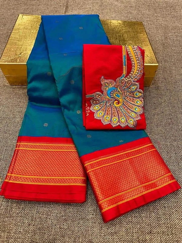 Teal Blue & Red Semi Silk Paithani Saree with Peacock Embroidery Blouse