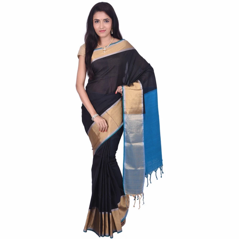 Kanchipuram Dupion Pure Silk  Saree in Black and Blue Contrast Handwoven Saree