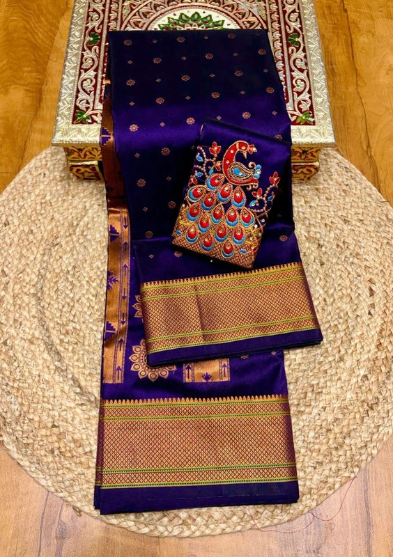 ROyal Dark Magenta Semi Silk Paithani Saree with Peacock Embroidery Designer Blouse
