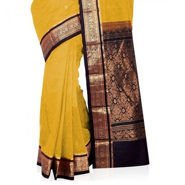 Golden Yellow and Black Traditional Kanchipuram Pure Silk Saree