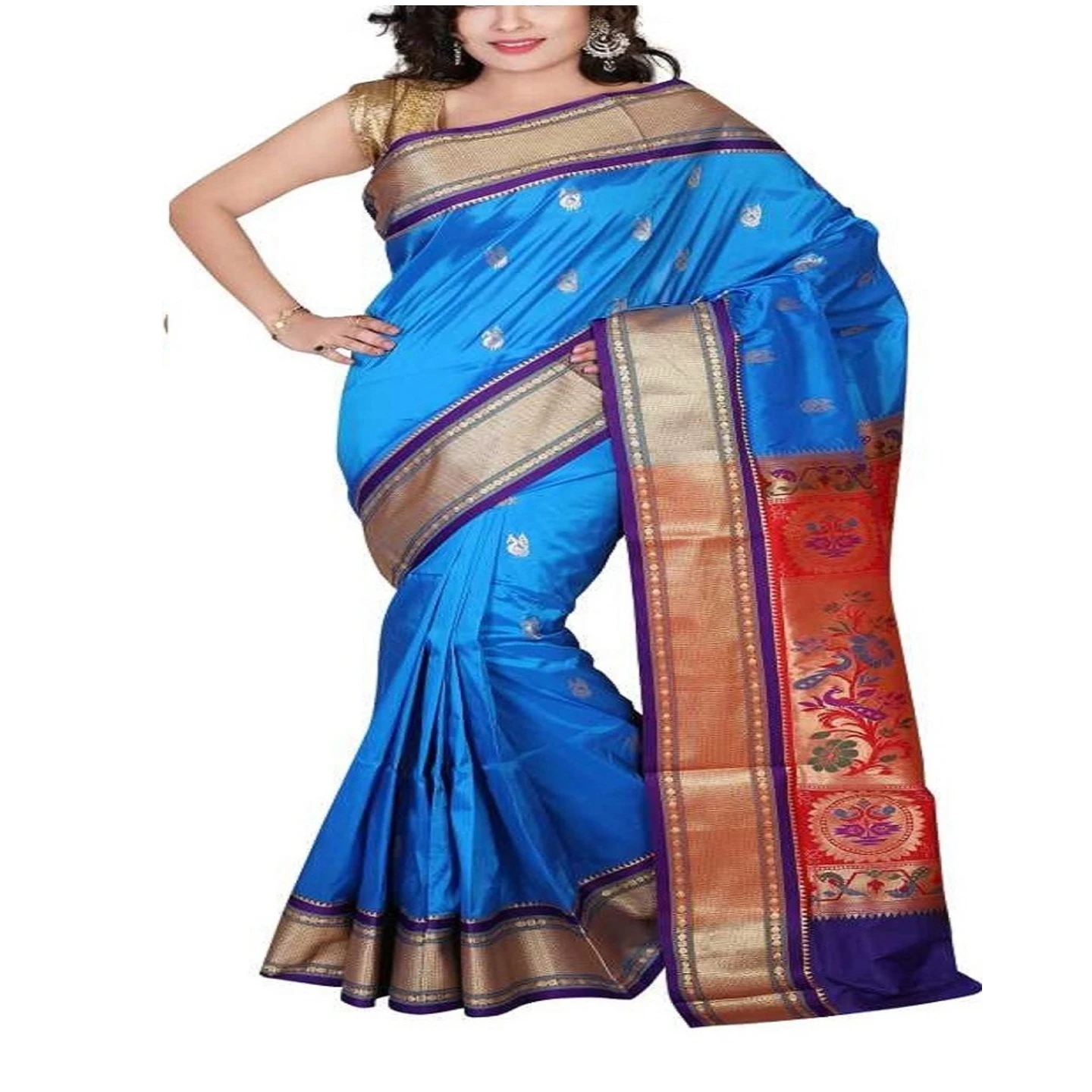 Anandha Blue and Voilet Border Kadiyal Variety Woven Paithani Art Silk Saree