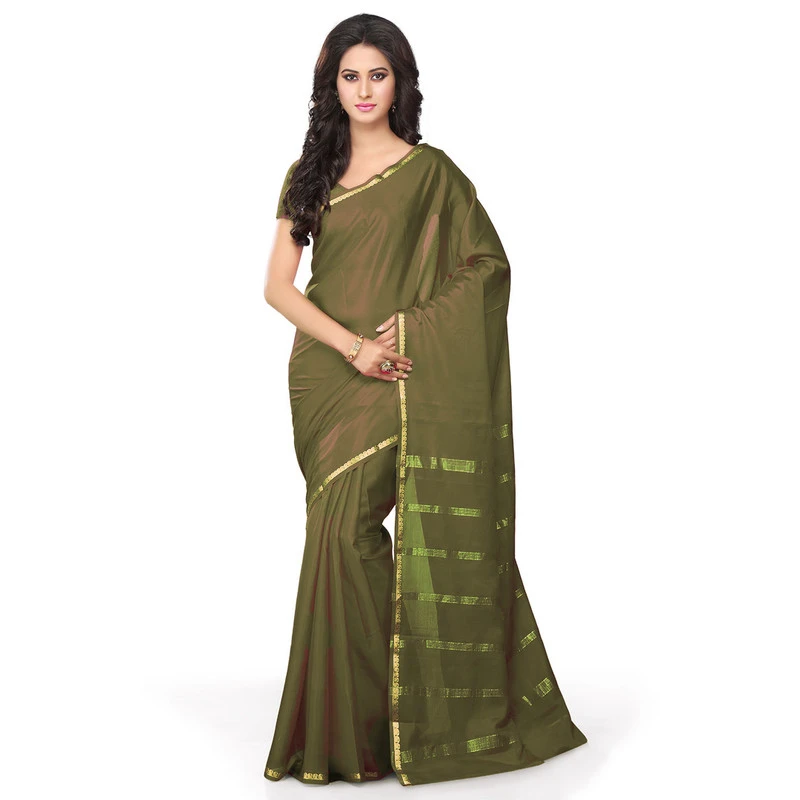 Woven Peach Brown Colour Pure Mysore Silk Mango Border Saree with Silk Mark