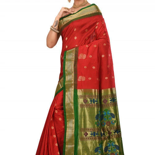 Paithani Pure Silk in Red with Green Contrast Border Meena Butta Saree with Silk Mark