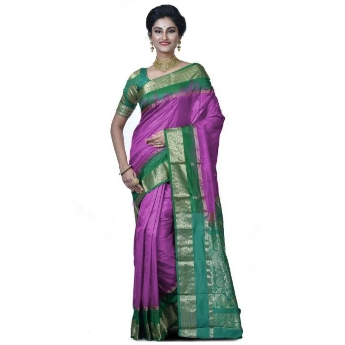 Parrot Green and Violet Contrast Traditional Kanchipuram Pure Silk Saree 
