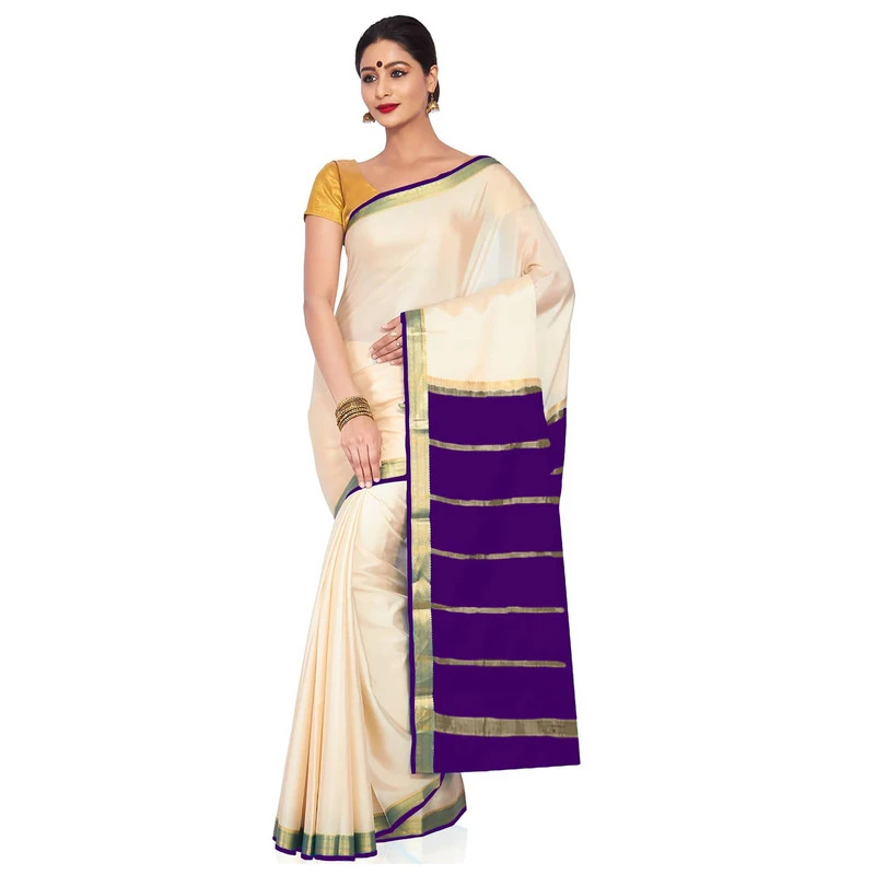 Tussar Cream with Purple  Contrast Onam Special Pure Mysore Silk Handwoven saree