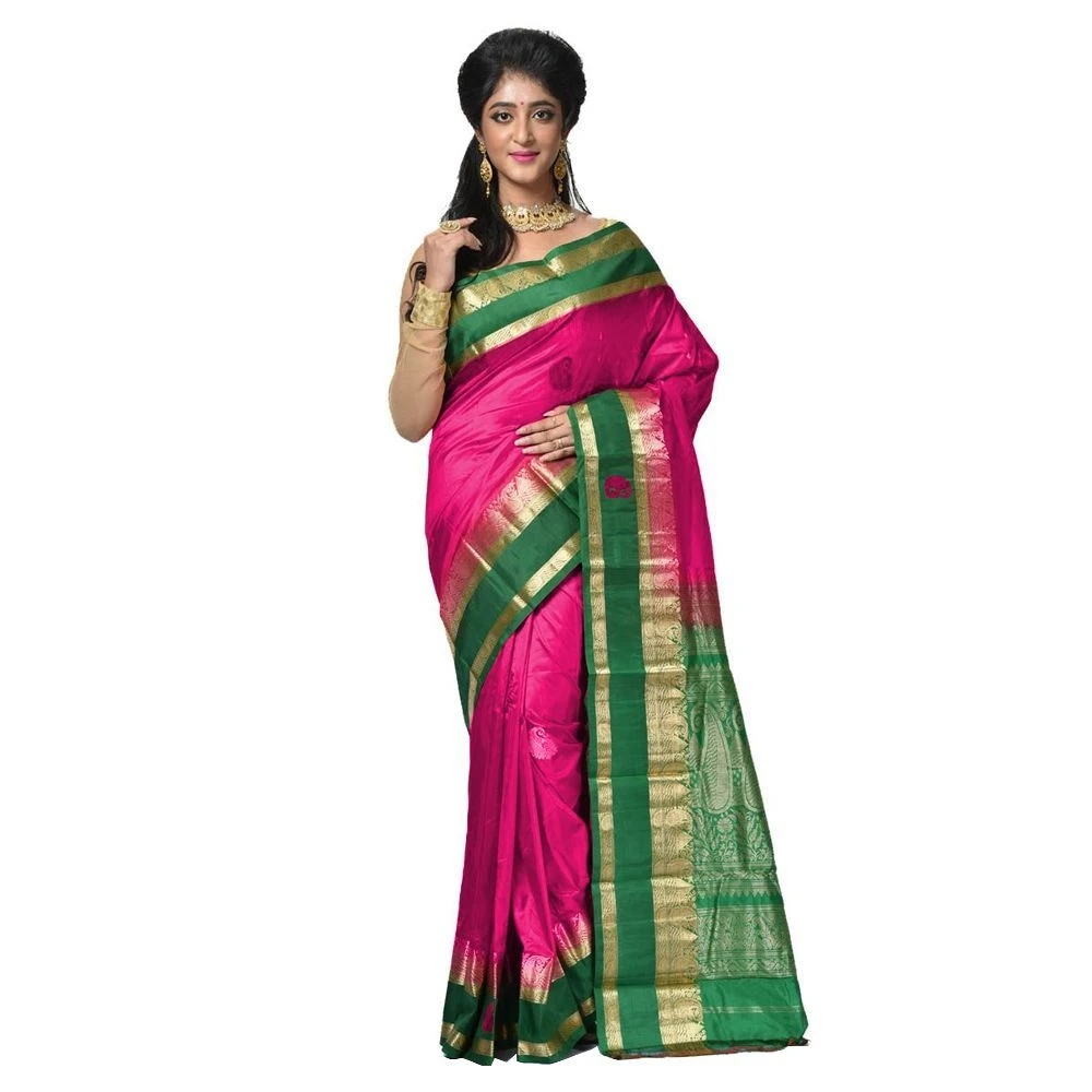 Rani Pink With Green Contrast Bentex Border Kanchipuram Pure Silk Exclusive Saree