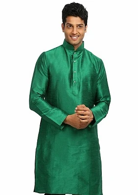 Bottle Green Dupion Silk Mens Kurtha with White Pajama