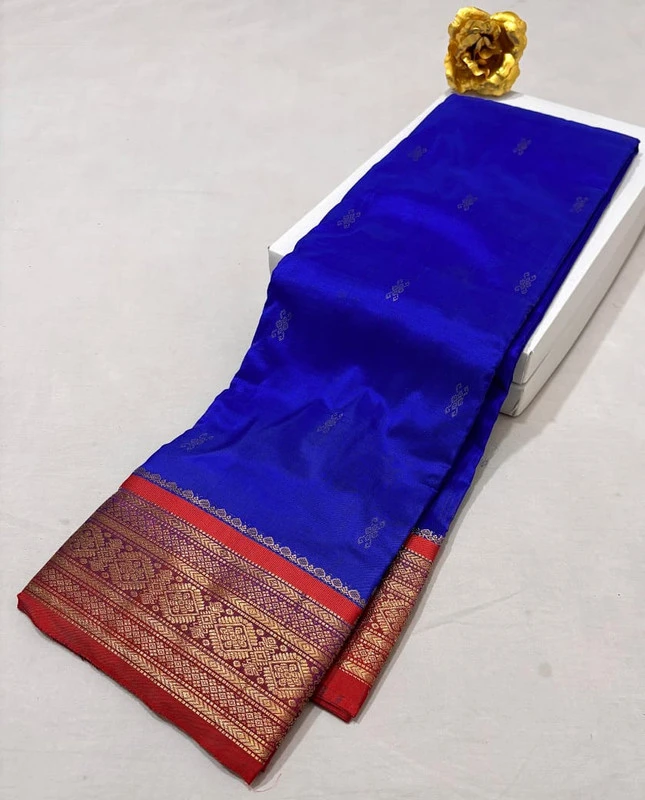 Royal Blue Kanchipuram pure silk saree with Blue and Gold zari border, traditional Indian wedding saree