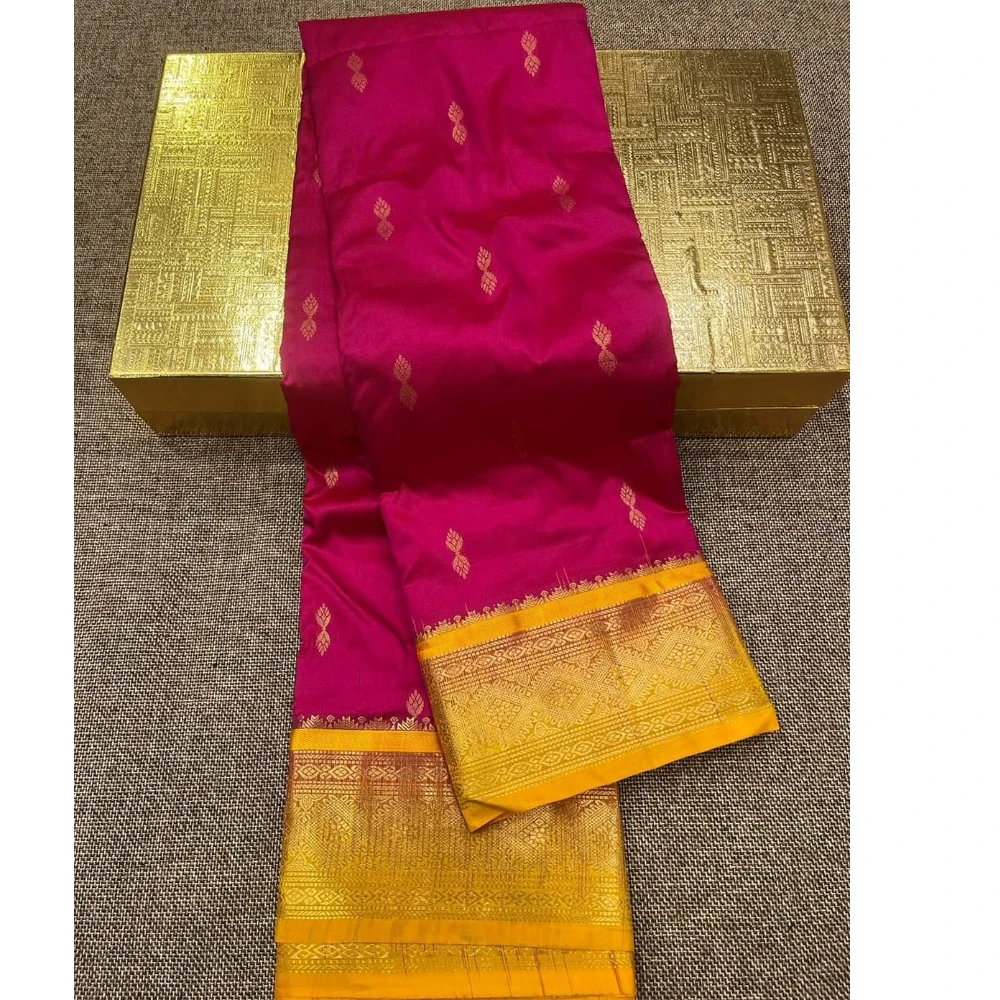 Kanchipuram Pure Silk Saree in Rani Pink with Orange Border