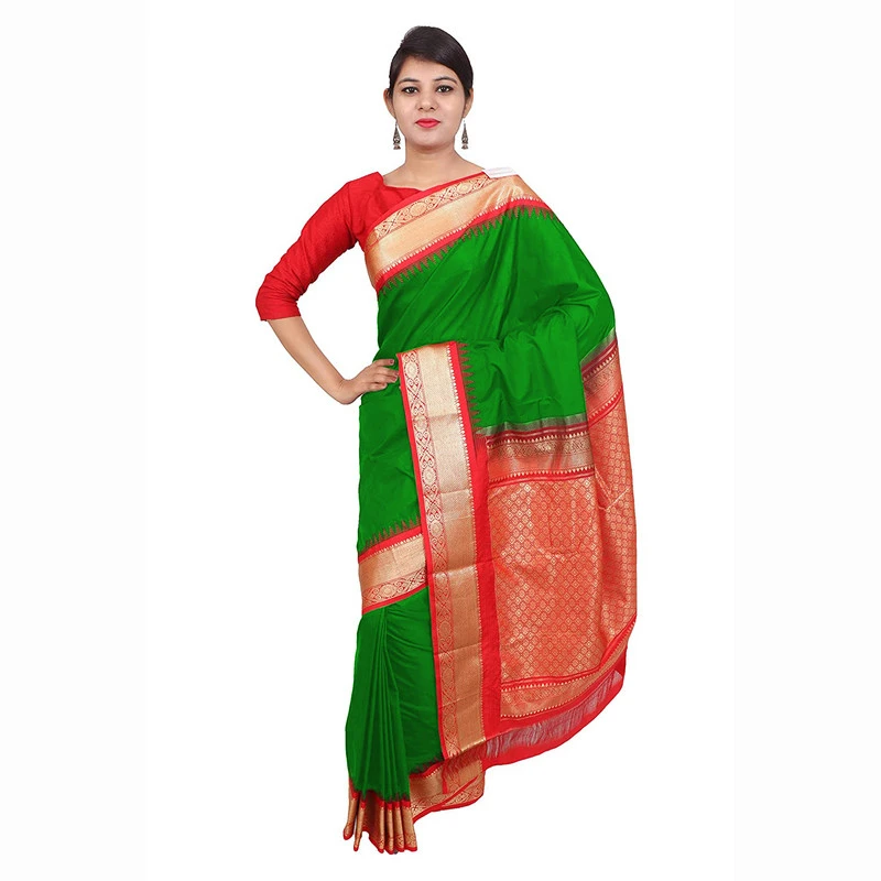 Dark Leaf Green with Red Pallu Handwoven Pure Bangalore Silk Kadiyal Saree with Silk Mark