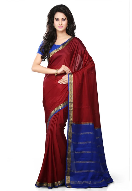 Red with Royal Blue Contrast Pure Mysore Silk Handwoven saree
