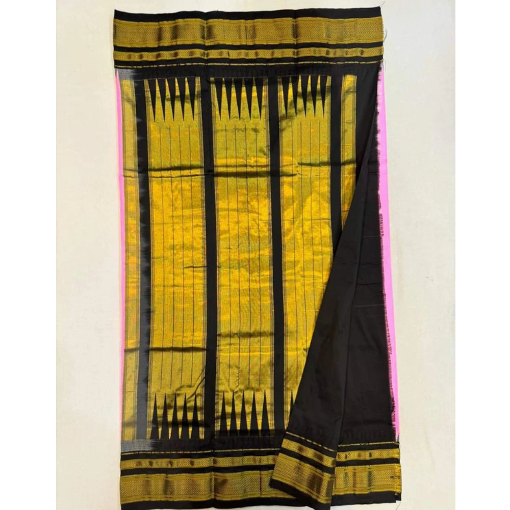 Pure Ilkaal Checks saree in Orange & Black with zari border and traditional woven patterns