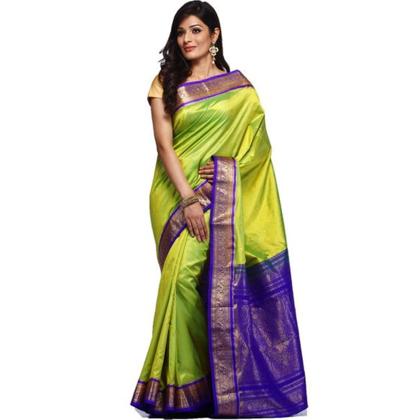 Traditional Kanchipuram Pure Silk Saree in Parrot Green with Violet Contrast