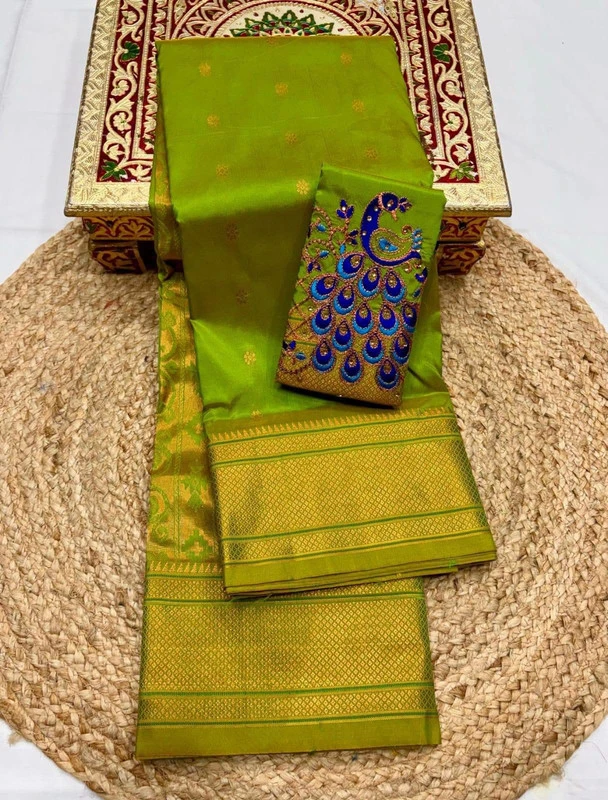 Self Parrot Green Semi Silk Paithani Saree with Peacock Embroidery Designer Blouse