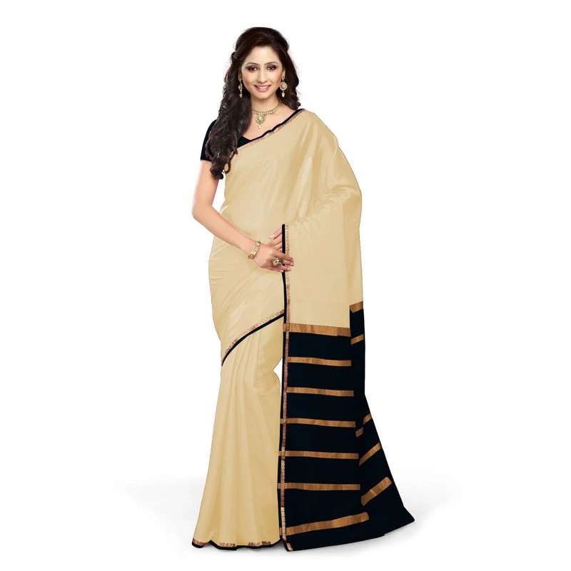 Tussar Cream with Black  Contrast Onam Special Pure Mysore Silk Handwoven saree