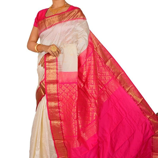 Traditional Kanchipuram Pure Silk Saree in Milk White with Rani Pink Contrast 