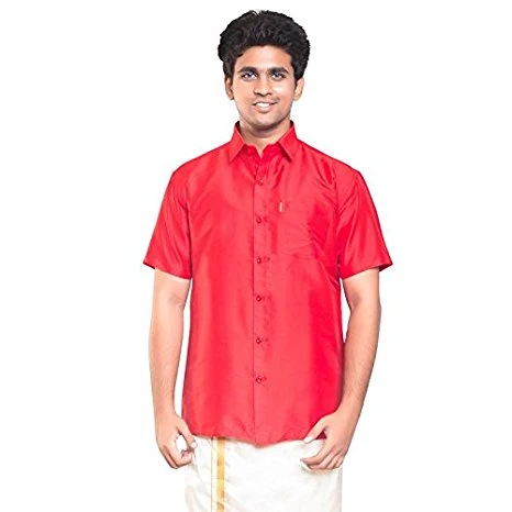 Tomato Red Dupion Silk Half Slevees Shirt
