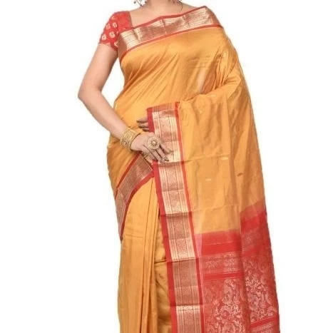 Dull Orange and Red Contrast Traditional Kanchipuram Pure Silk Saree