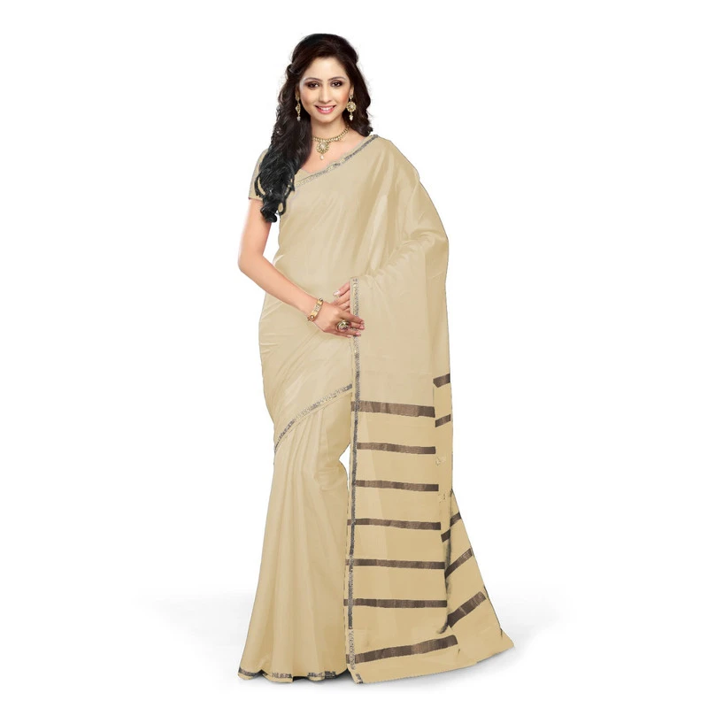 Cream Kasav Color Mango Border Saree for Onam in Pure Mysore Silk Fabric with Silk Mark