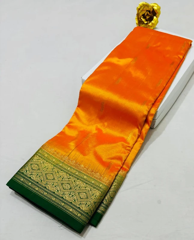 Orange Kanchipuram pure silk saree with Green and Gold zari border, traditional Indian wedding saree