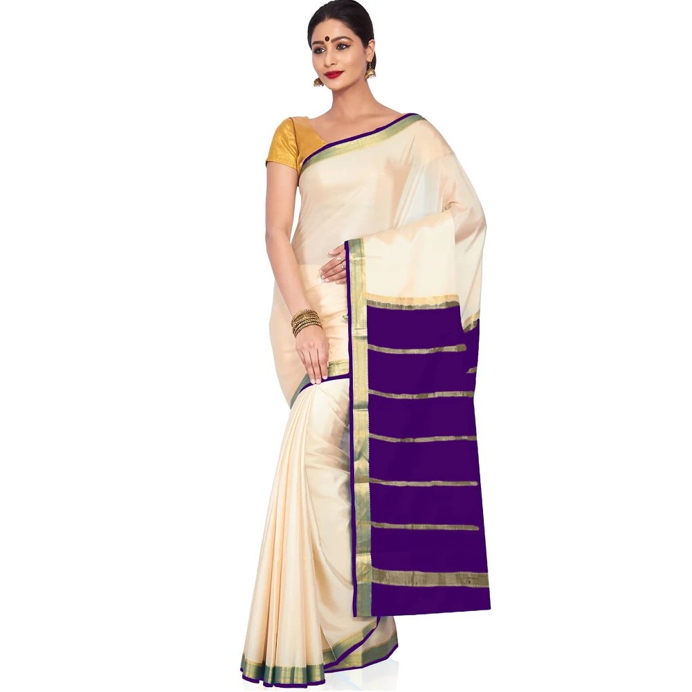 Tussar Cream with Purple Contrast Onam Special Pure Mysore Silk Handwoven saree