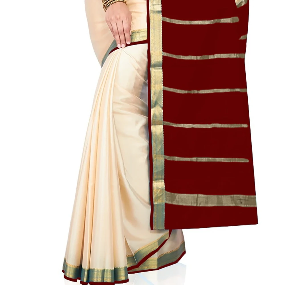 Tussar Cream with Red Contrast Onam Special Pure Mysore Silk Handwoven saree