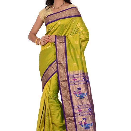 Paithani Pure Silk in Olive Green with Voilet Contrast Border Meena Butta Saree with Silk Mark