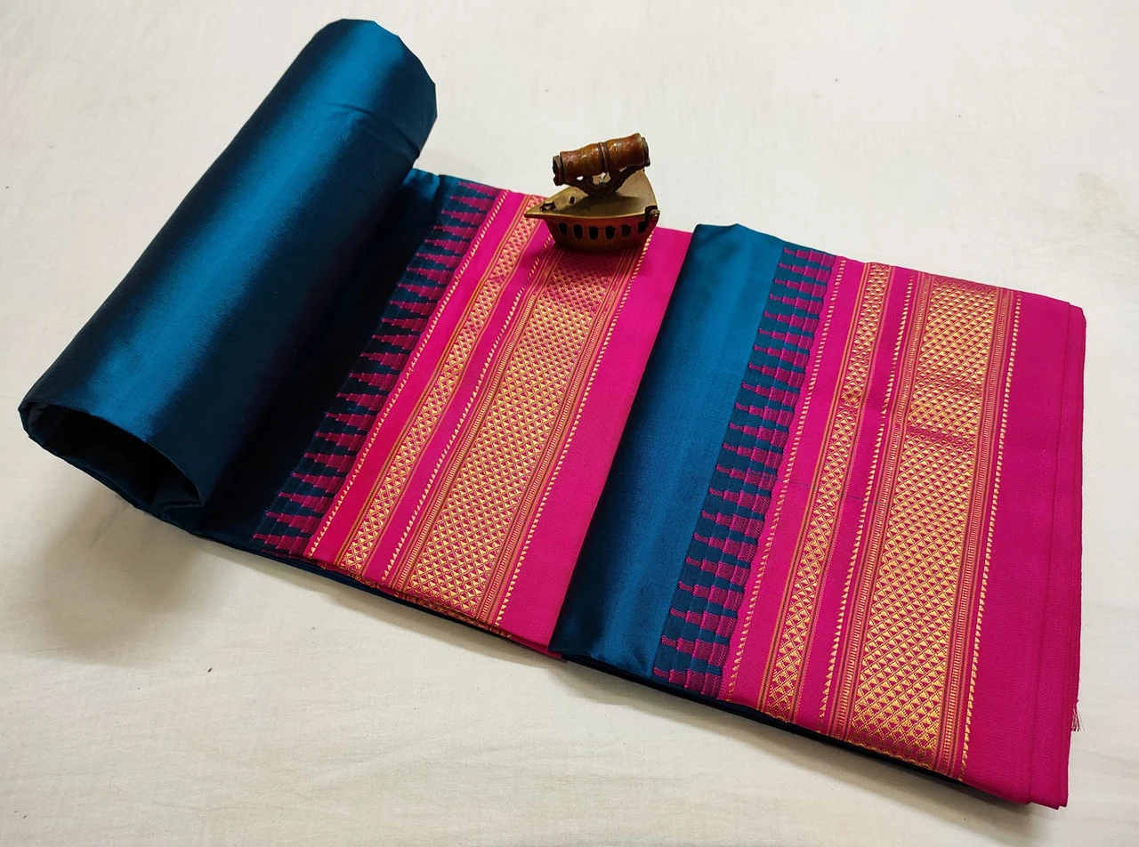 Navy Blue Ilkaal plain pure saree with pink contrast zari border traditional handloom design