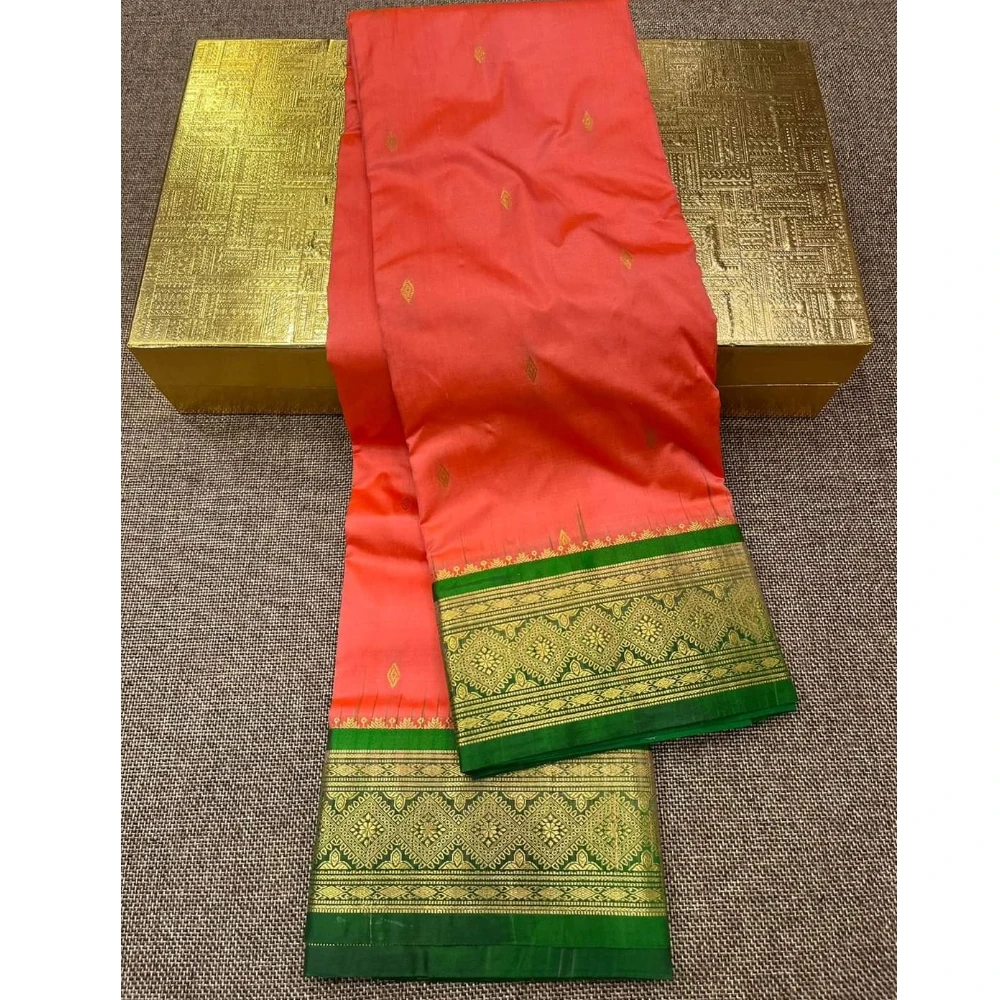 Kanchipuram Pure Silk Saree Orange and Green Border