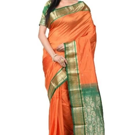 Traditional Kanchipuram Pure Silk Saree in Orange with Green Contrast