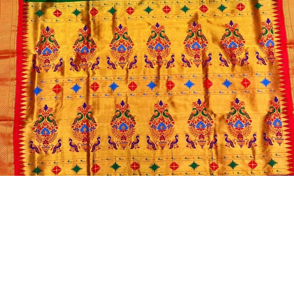 Stunning Dark Green Pure Silk Paithani Saree with Gold Lotus Buti & Contrast Magenta Border