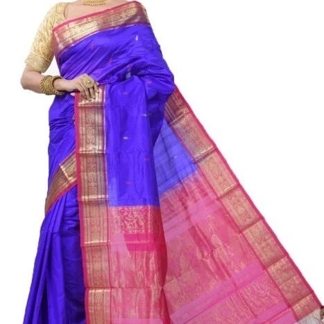 Traditional Arangetram Kanchipuram Pure Silk Saree in Royal Blue with Rani Pink Contrast 