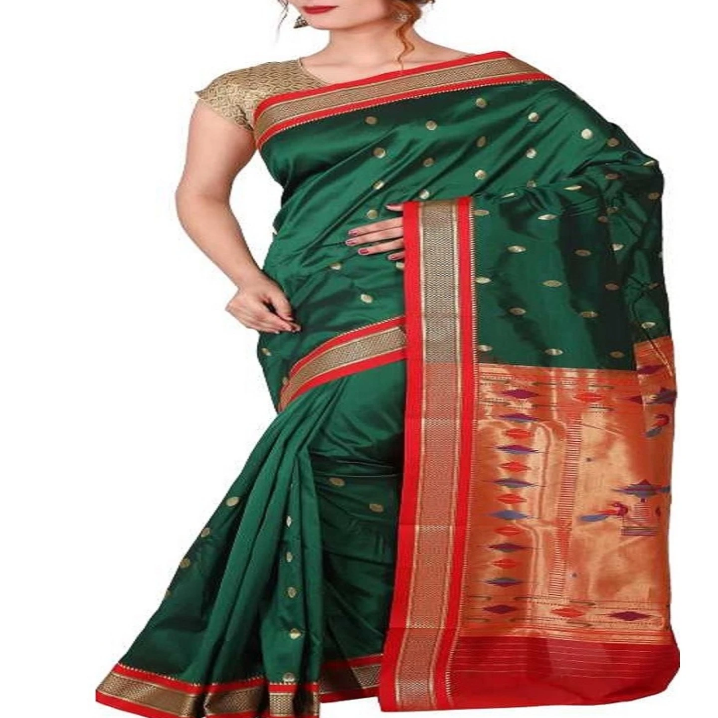 Bottle Green and Red Small Border Woven Paithani Art Silk Saree
