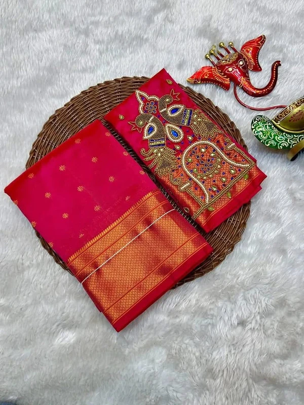 Heritage Self Red Semi Silk Paithani Saree with Peacock Embroidery Designer Blouse