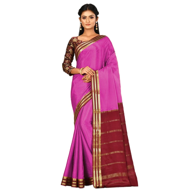 Pink and Marron Contrast  Three Lines Border Pure Mysore Silk Saree with silk Mark